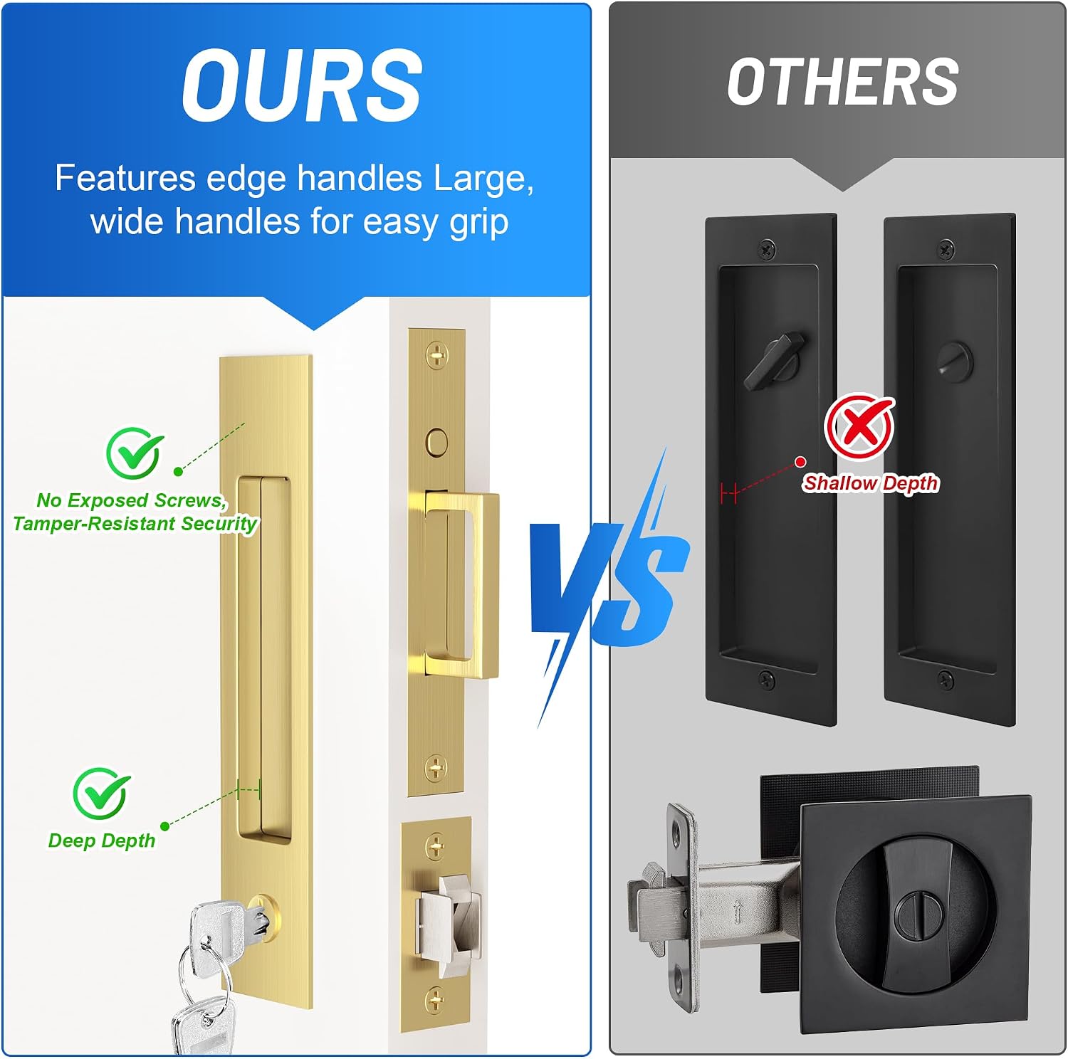 Dontay Pocket Door Handle and Edge Pull, Narrow Modern Rectangular Keyed Entry Function, Recessed Sliding Door Hardware for 1 3/8' to 2 3/16' Thickness Door (Keyed Lock, Satin Brass, 2 Pack)