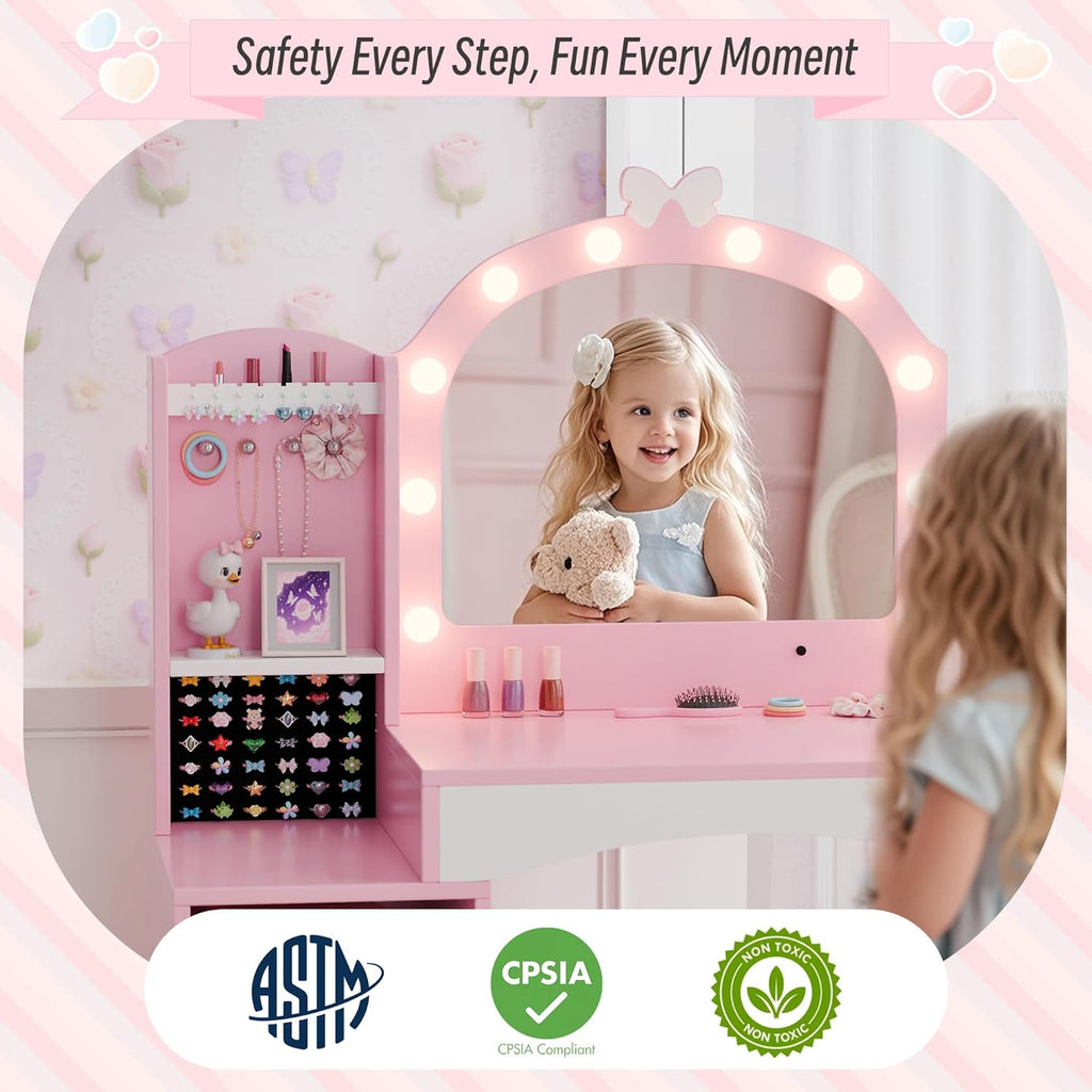 Girls Vanity Table and Chair Set, Kids Vanity with Jewelry Organizer for Princess, Toddler Makeup Vanity Desk with Open Shelf, Closed Cabinet and Butterfly Pattern, Pink