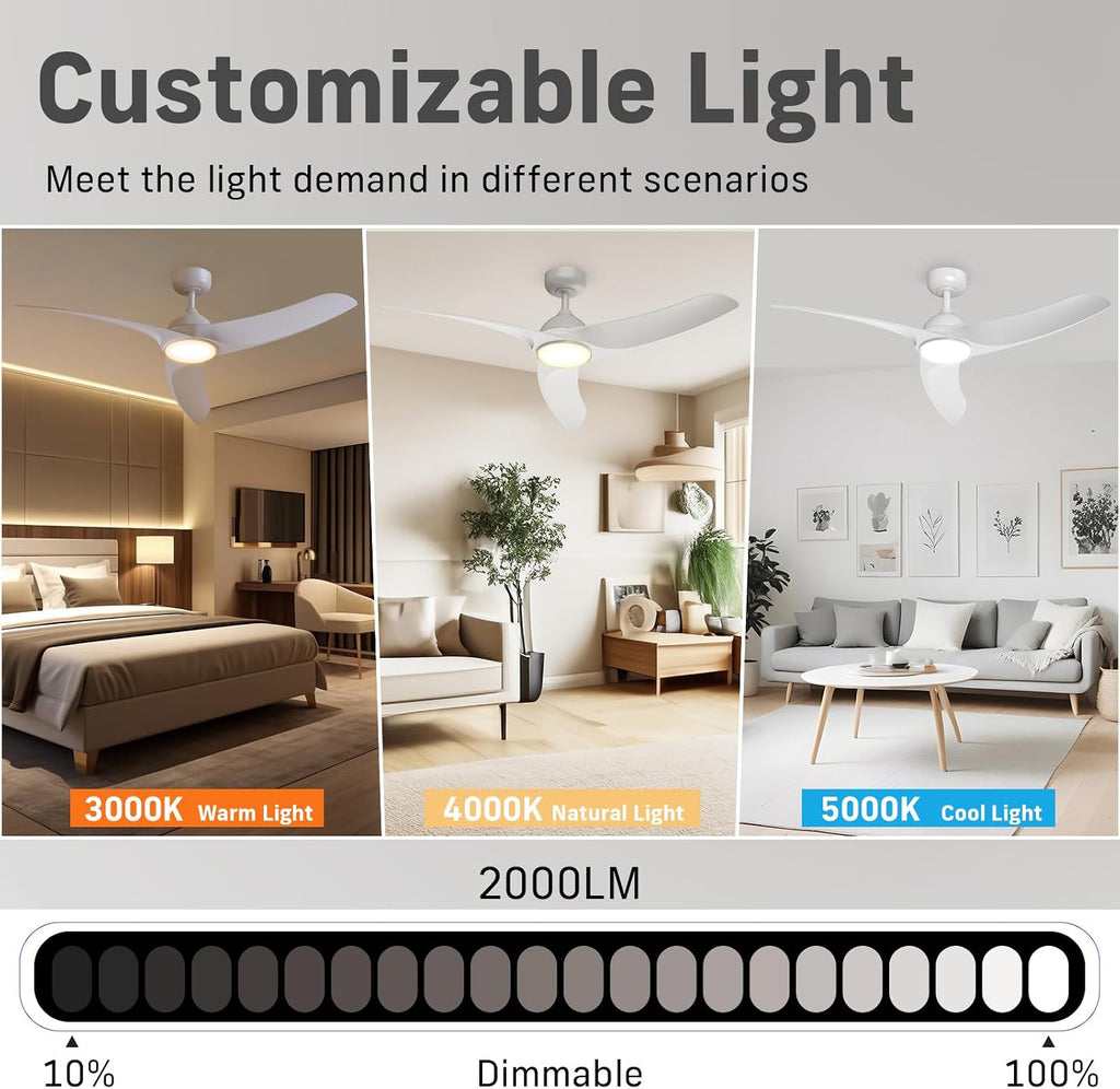 Ceiling Fans with Lights, Flush Mount Ceiling Fan with Light and Remote, LED Dimmable, 6 Speeds, Quiet Reversible Motor, Modern Ceiling Fan with Light for Indoor/Outdoor (White, 42 inch + 56 inch)