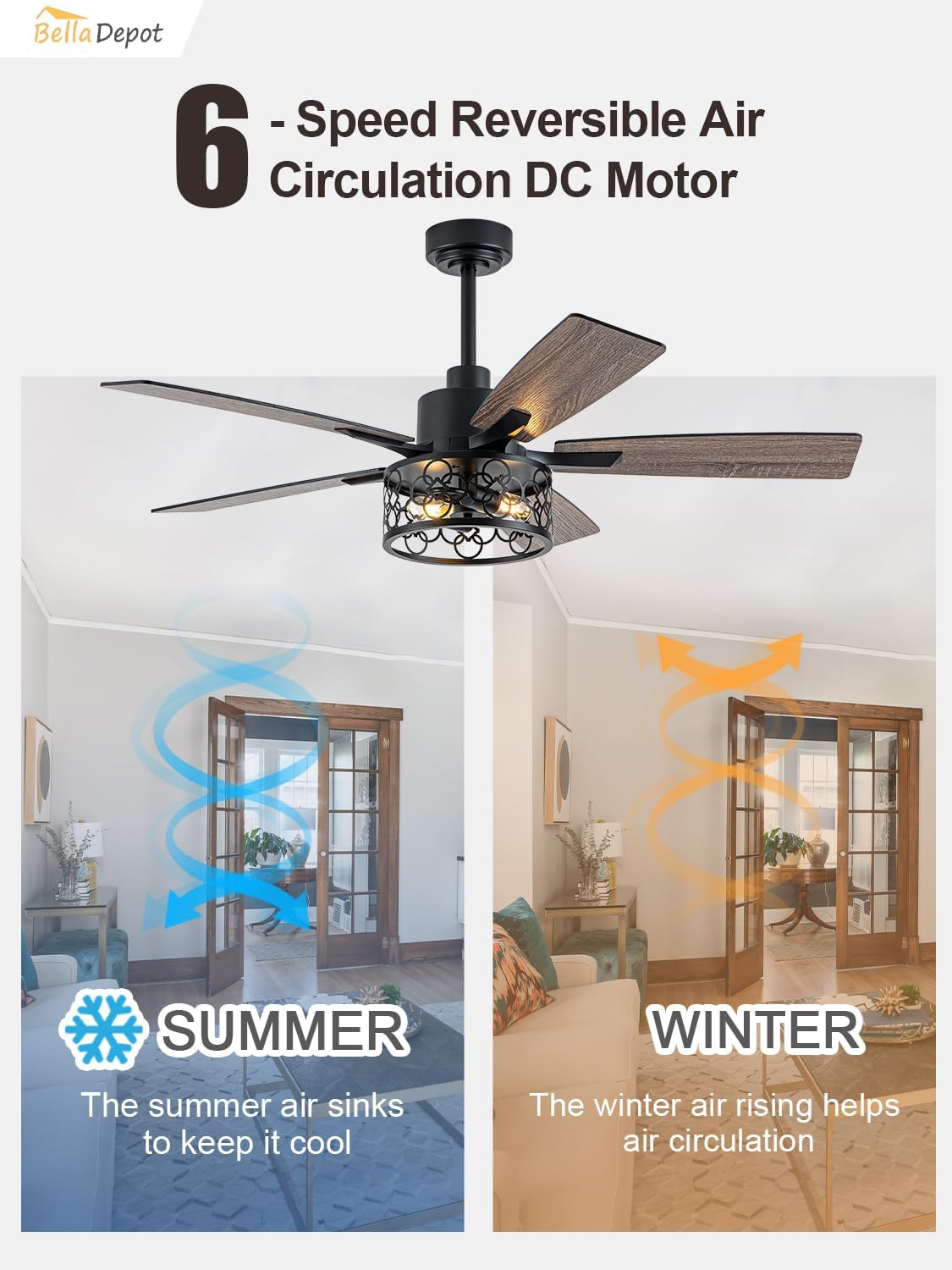Bella Depot 52' Ceiling Fan with Light, Farmhouse Caged Chandelier Fan with Lights and Remote, Vintage Rustic Indoor Fandelier with Silent Motor for Dining Living Room Bedroom, (Bulbs not Included)