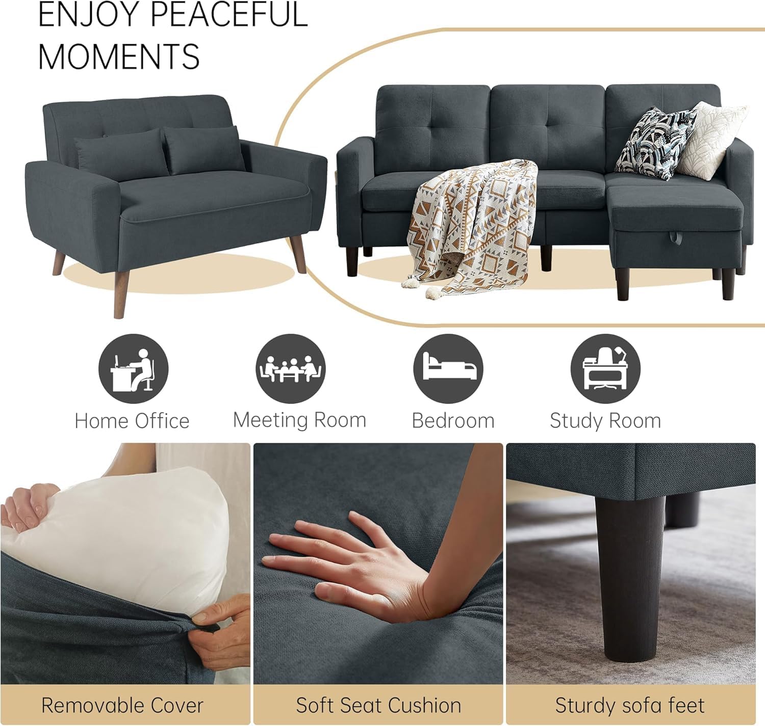 2 Piece Comfy Couch Set, 3 Seater & 2-Seater Sofa and Loveseat Set with Ottoman, Modern Sofa Sets for Living Room/Apartment/Office, Dark Grey