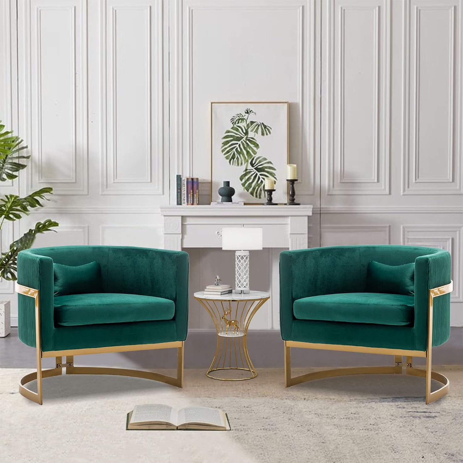Velvet Accent Chair Green Modern Upholstered Barrel Chair, Wide Arm Chairs for Living Room Bedroom Club Side Chairs with Gold Legs