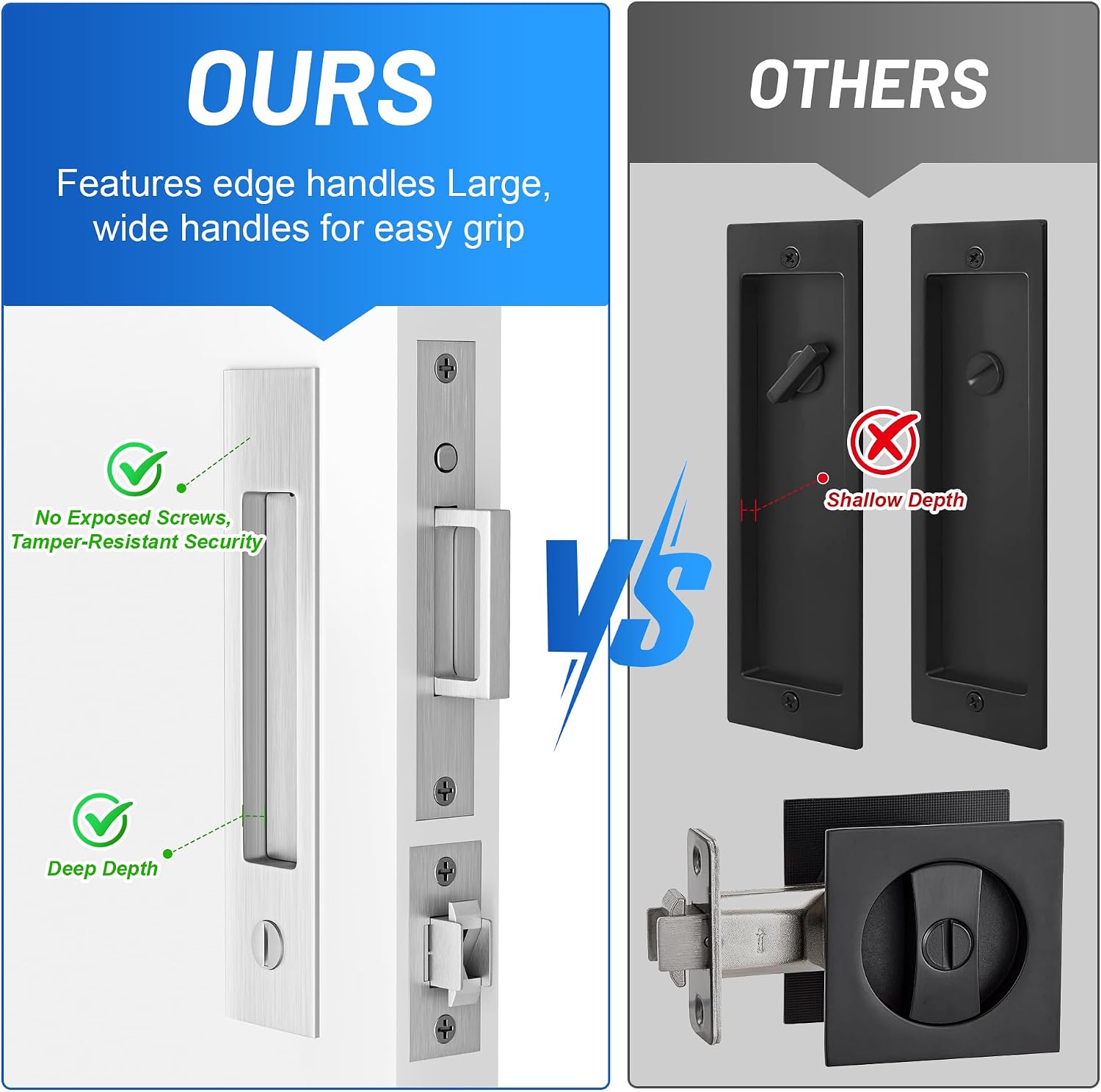 Dontay Pocket Door Handle and Edge Pull, Narrow Modern Rectangular Keyed Entry Function, Recessed Sliding Door Hardware for 1 3/8' to 2 3/16' Thickness Door (Privacy Lock, Brushed Nickel, 2 Pack)