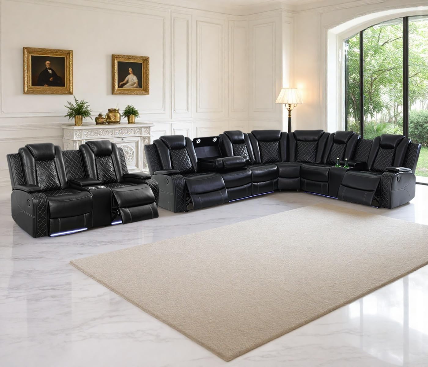 Power Recliner Sectional Sofa Set, Living Room Furniture Sets, Black Leather Sectional Reclining Couch and 2-Seater Power Reclining Loveseat with 4 Recliners/LED Light/Storage Console