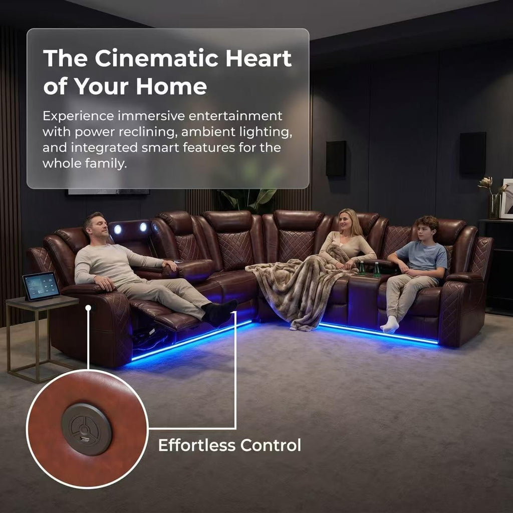 A Ainehome Power LED Reclining Sectional Sofa Set, Living Room Power Recliner Adjustable Sofa, Loveseat and Chair with Storage Console for Home/Office(A-Brown)