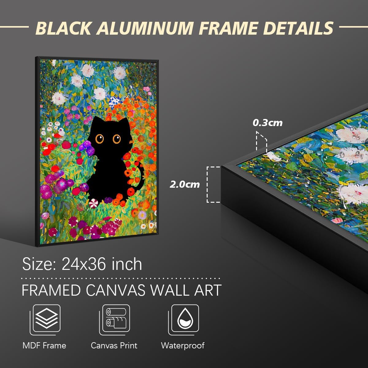 Vintage Black Cat Poster Impressionist Colorful Flower Garden Canvas Wall Art Famous Art Prints 24X36 inch Black Framed Funny Cat Pictures for Gallery Bedroom Wall Decor