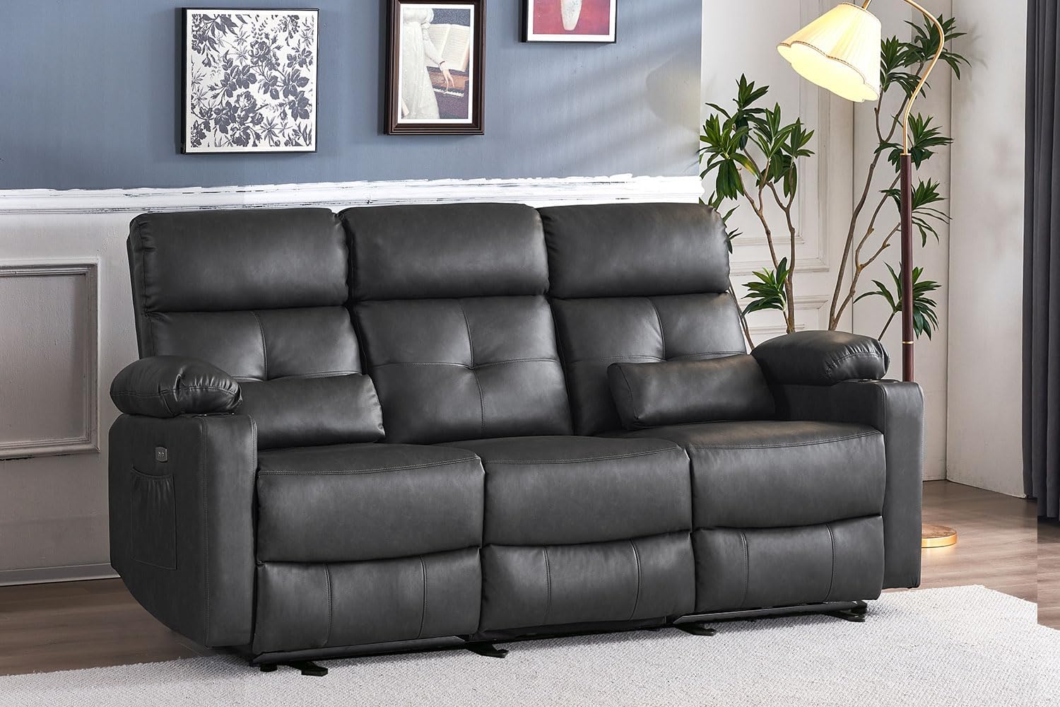 Power Reclining Sofa with Heat and Massage, Electtric Reclining Couch with Extended Footrest, Recliner Sofa 3 Seater with USB Ports, Cup Holders for Living Room, Home Seating
