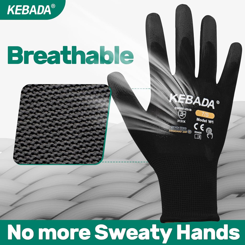 Kebada Safety Work Gloves,120 Pairs Bulk Pack, Touchscreen, PU Coated, Ideal for Warehouse, Construction, Gardening and Mechanics, Black, X-Small