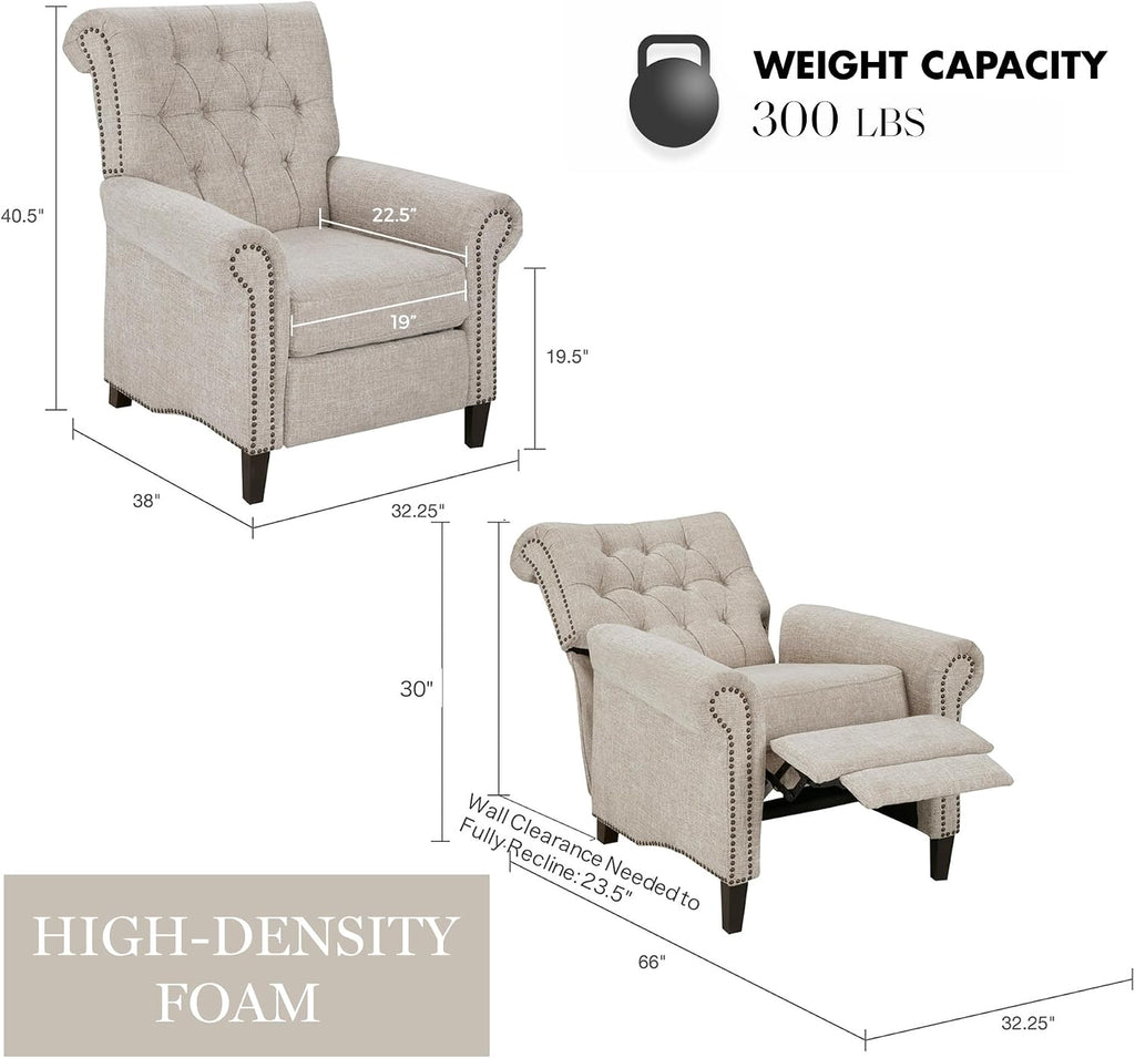 Madison Park Aidan Upholstered Manual Push Back Recliner Chair with Nailheads - Solid Wood, Plywood, Roled Back Button Tufted Accent Armchair Modern Classic Style Family Room Sofa Furniture, Cream