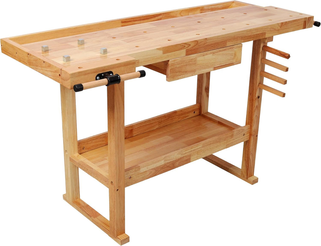 Montary 55' Wood Workbench, Heavy Duty Woodworking Bench with Adjustable Handle, 300Lbs Load Capacity Woodworking Table Work Bench with Drawer & Shelf for Garage, Workshop, Home Storage