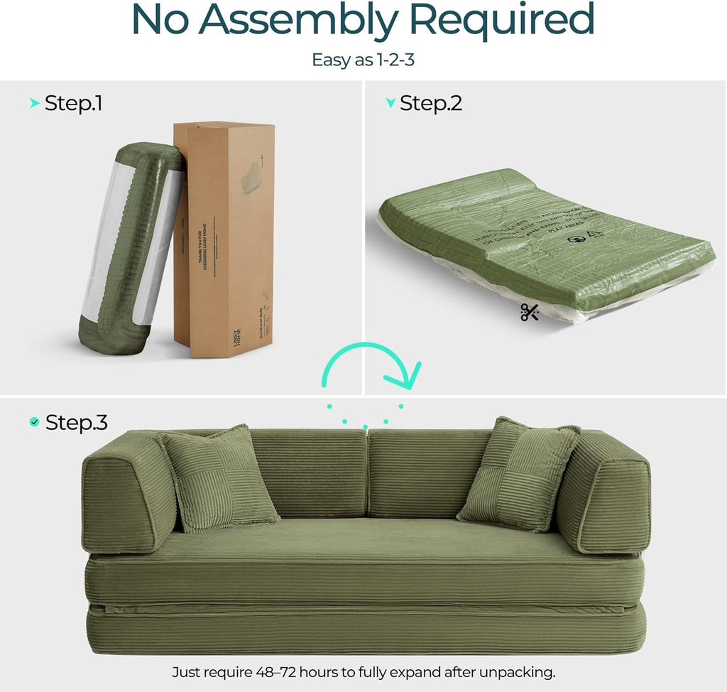 LINSY HOME Sofa Bed Couch - Convertible Boneless Couch Bed with 2 Pillow (Green) | Folding Sofa Bed
