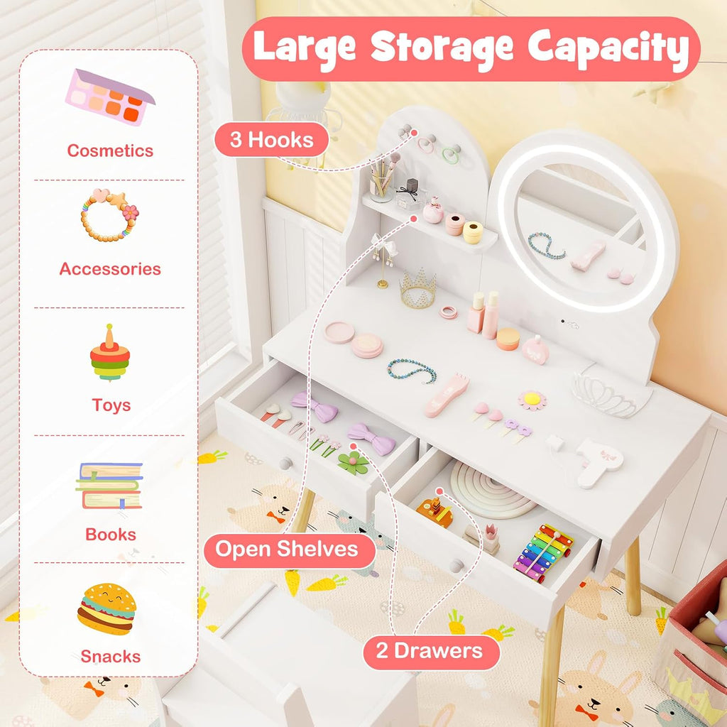 HONEY JOY Kids Vanity, Little Girls Vanity Set with Mirror and Stool and Lights, Drawers, Toddler Makeup Vanity Dressing Table, Wooden Pretend Play Kids Vanity Table and Chair Set (White)