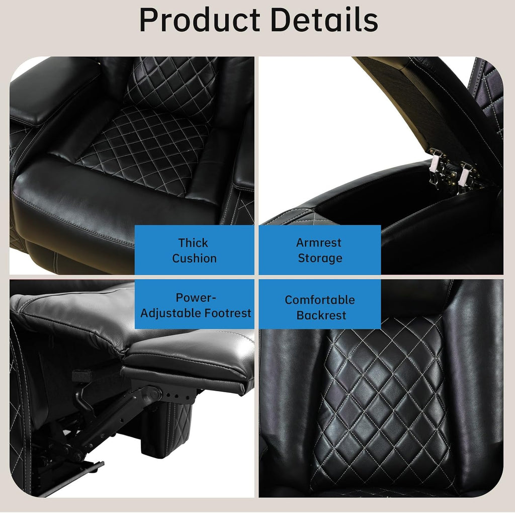 Living Room Furniture Sets, Power Recliner Sectional Sofa with LED Lights, Leather Couch Set, Reclining Chair for Living Room, Home Theater,and Office (1-Seater Chair, Black)