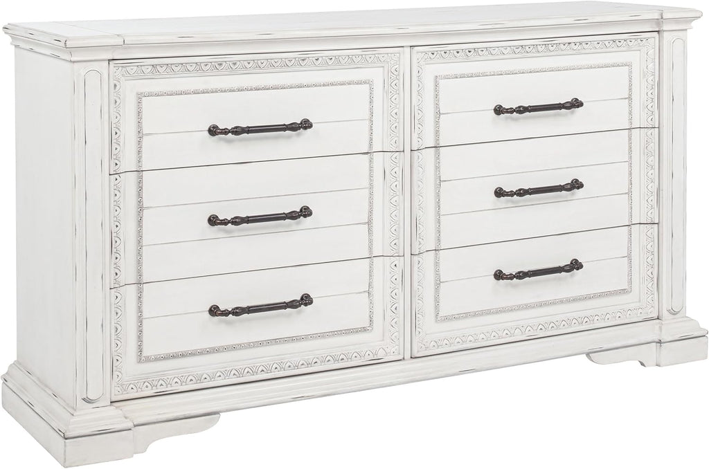 Coaster Home Furnishings - McKinney - Poplar Wood - 6-Drawer Dresser with Traditional Style, Jewelry Tray, Ornate Trim and Antique Bronze Hardware - Bedroom - Vintage White - 215873