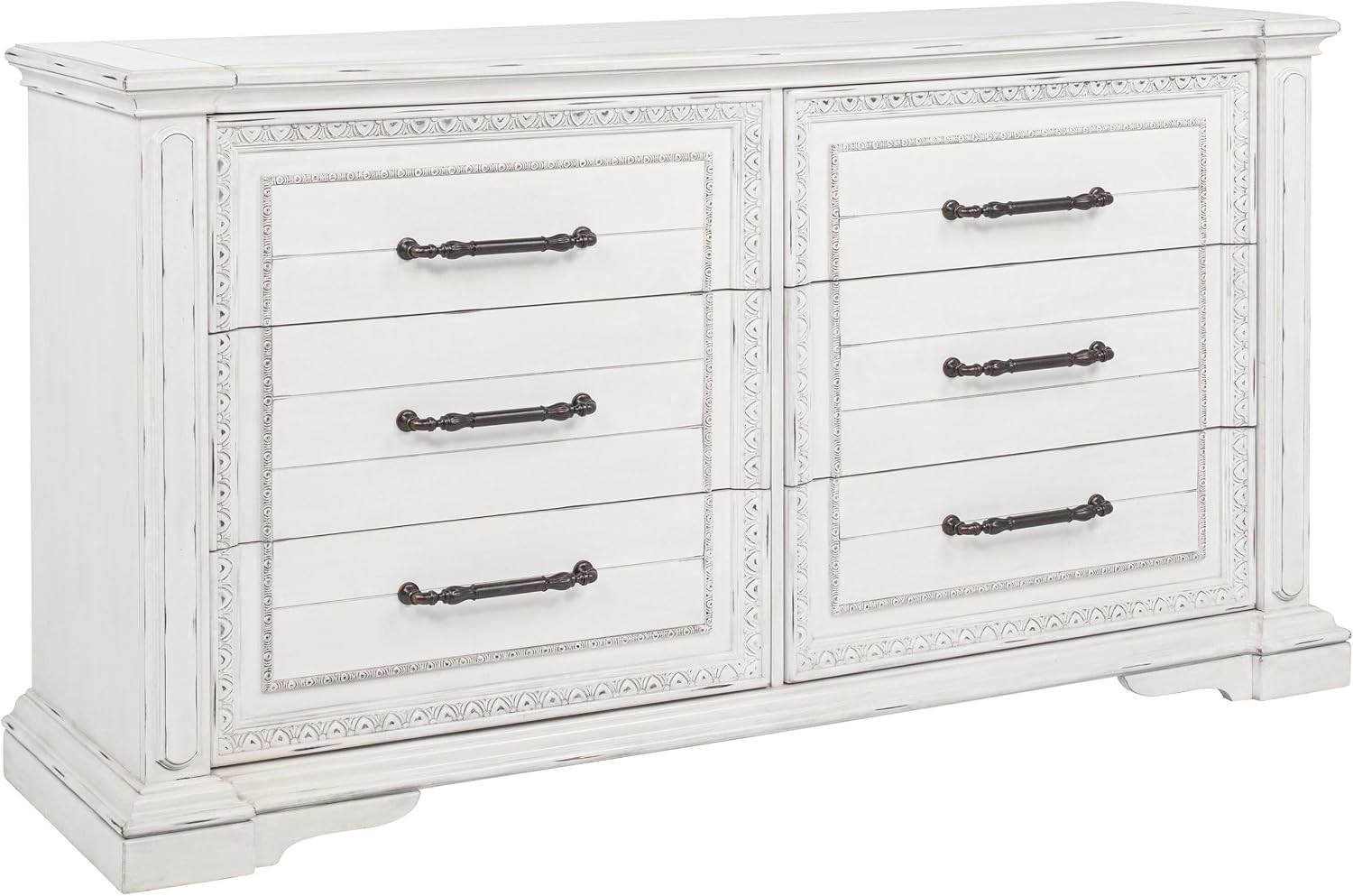 Coaster Home Furnishings - McKinney - Poplar Wood - 6-Drawer Dresser with Traditional Style, Jewelry Tray, Ornate Trim and Antique Bronze Hardware - Bedroom - Vintage White - 215873