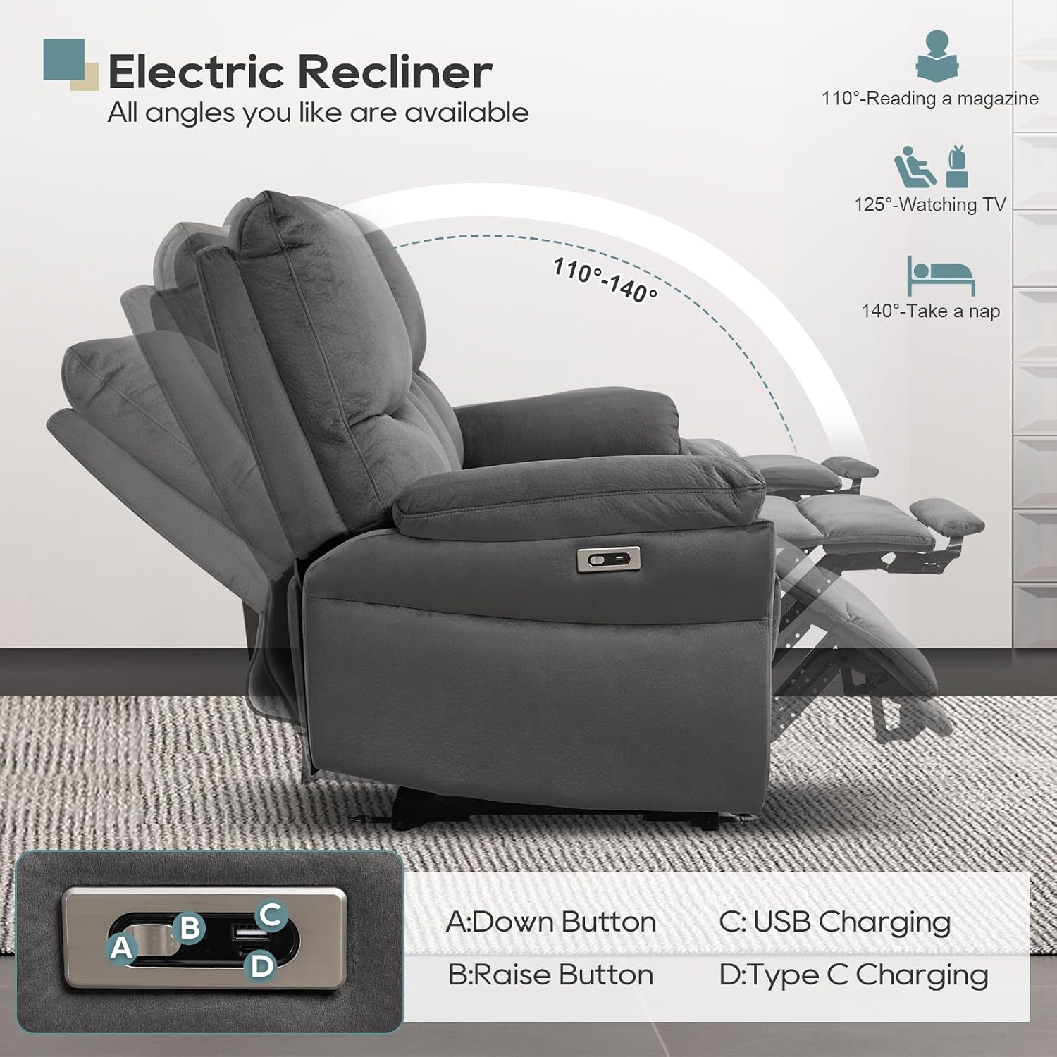 Reclining Sofa, Power Reclining Sofa with Drop-Down Table & Cup Holders, Modern 3 Seat Power Reclining Couch, Wall Hugger Sofa Recliner for Living Room Furniture Sets(Dark Gray) | Console