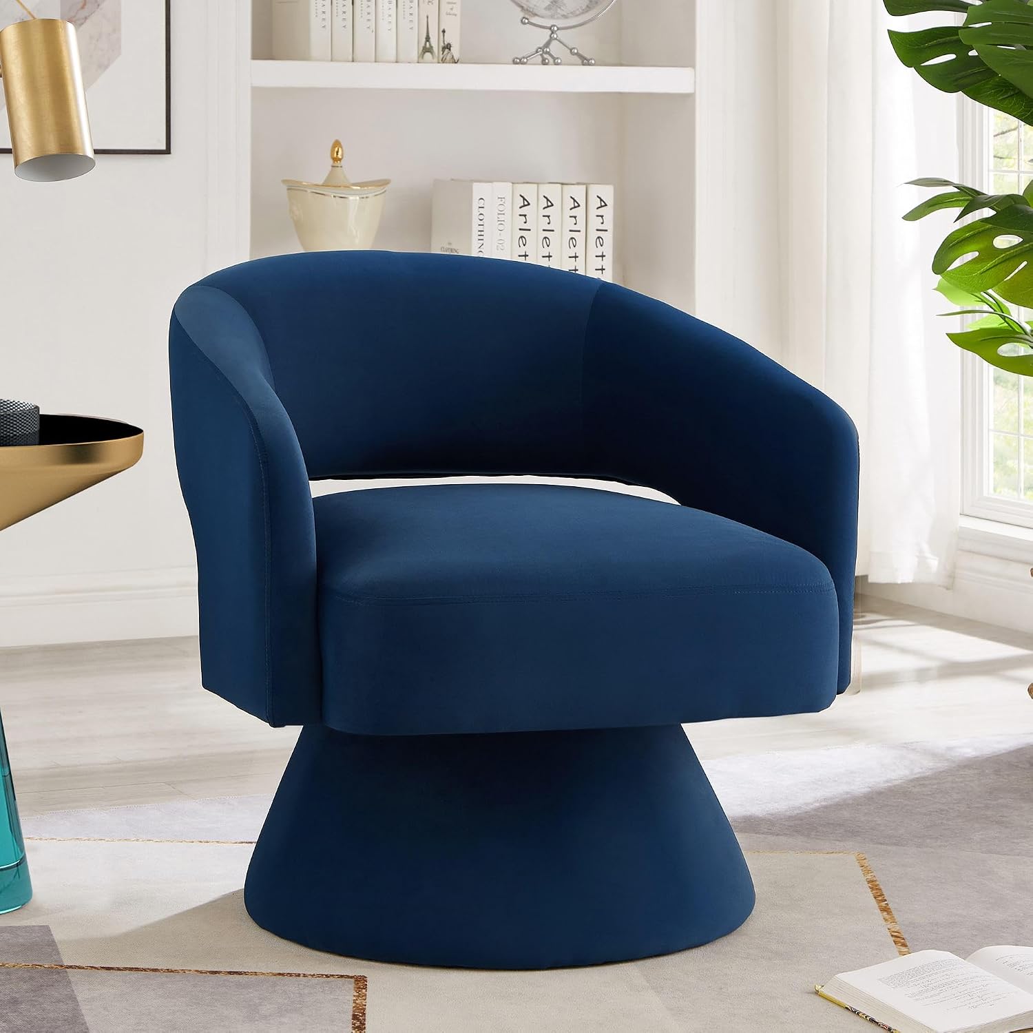 GDFStudio Swivel Barrel Chair Accent Arm Chair for Living Room Upholstered Velvet Round Reading Armchair Modern 360 Degree Comfy Swivel Chair with Open Backrest for Bedroom Office, Navy Blue