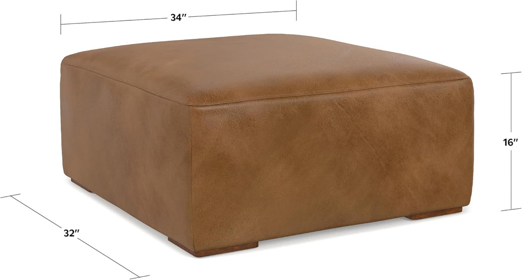 SIMPLIHOME Rex Ottoman - 34 inch Wide Upholstered Genuine Leather Square Ottoman in Caramel Brown, Modern Bench for Living Room or Bedroom with High-Density Cushion, Assembled