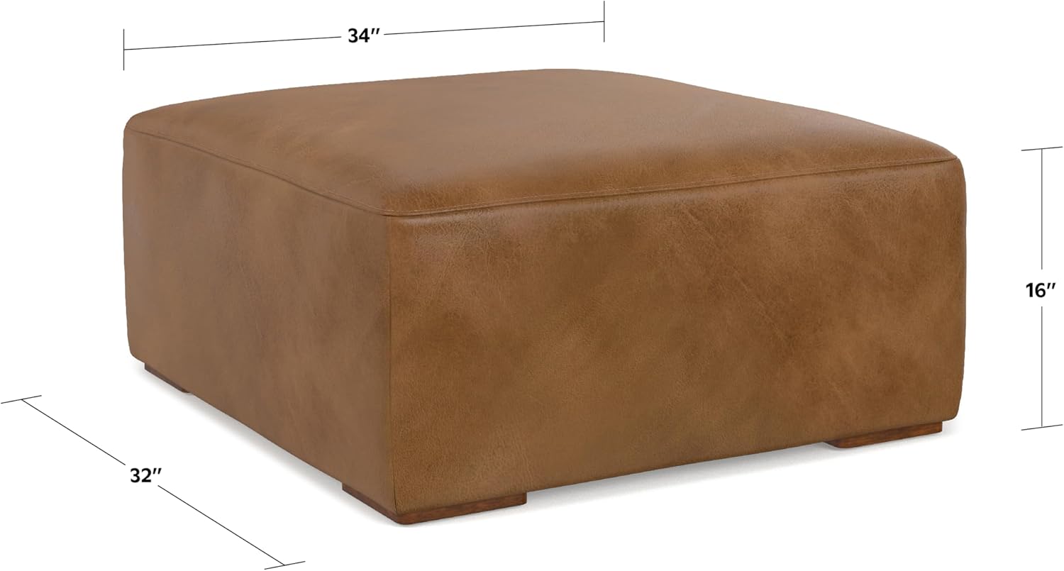 SIMPLIHOME Rex Ottoman - 34 inch Wide Upholstered Genuine Leather Square Ottoman in Caramel Brown, Modern Bench for Living Room or Bedroom with High-Density Cushion, Assembled