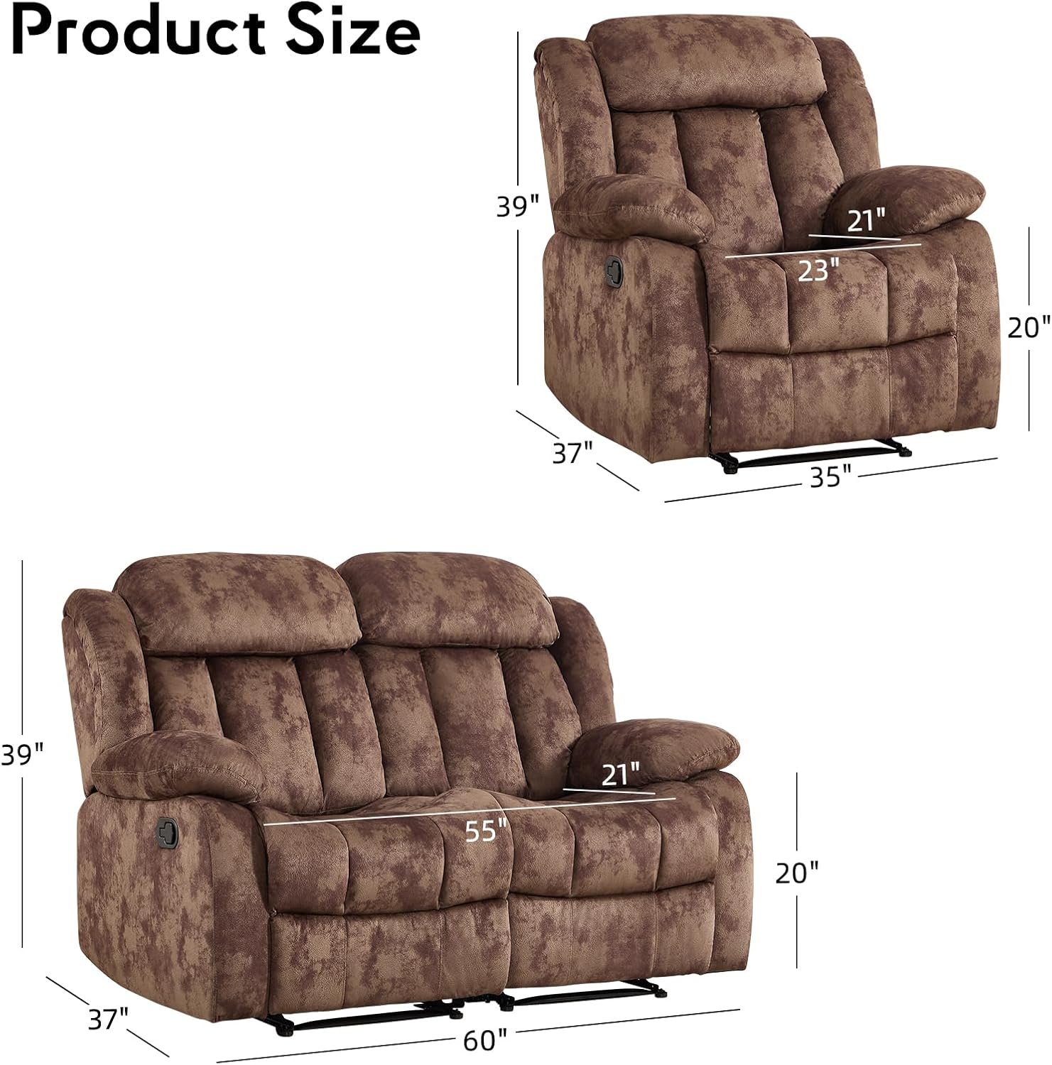EBELLO Manual Reclining Sofa Set, Classic Recliner Sofa with Overstuffed Arms and Backrest, Include 1 Recliner Chair, 1 Loveseat Couch, Dark Brown