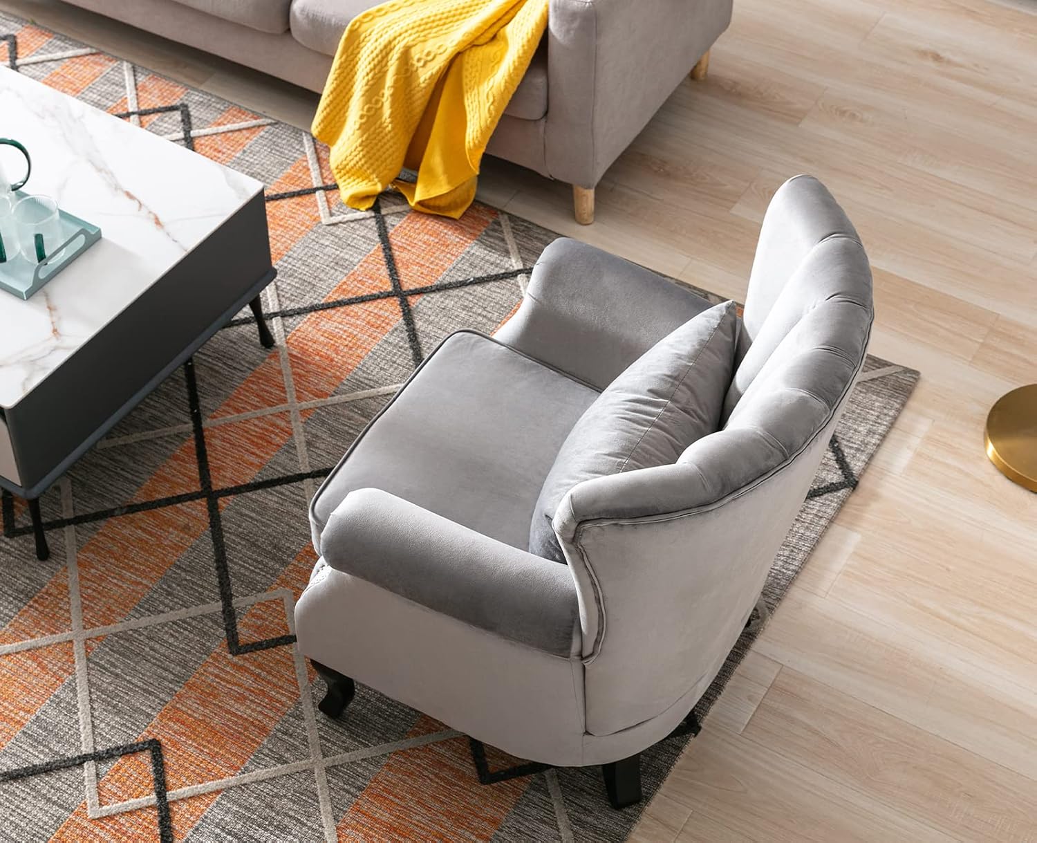 Kmax Grey Accent Chair Velvet Wingback Chair with Pillow Nail-Head Channel Tufted Oversized Club Chair for Living Room Bedroom Guest Room