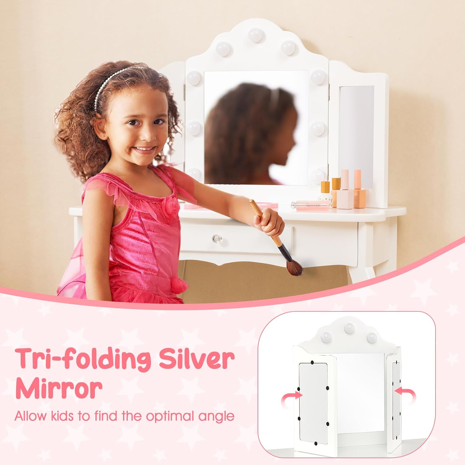 HONEY JOY Kids Vanity Set with Lighted Mirror, 2 in 1 Princess Toddler Dressing Table w/Tri-Fold Mirror & Drawer, Wooden Makeup Table & Chair Set, Pretend Play Vanity Set for Little Girls (White)