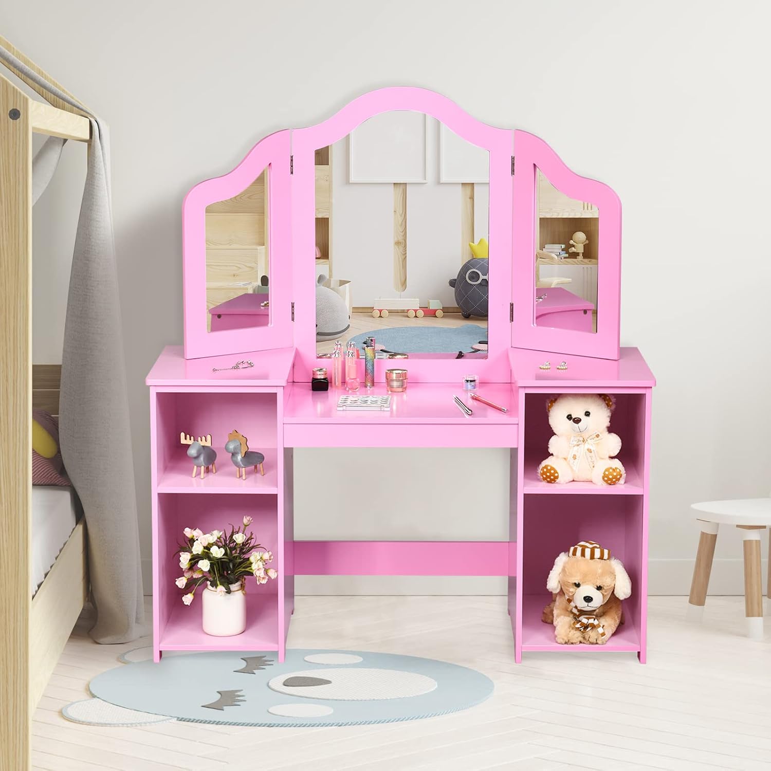 AKUSTIK Kids Vanity, 2 in 1 Pink Wooden Dressing Table for Toddlers with Tri-Folding Detachable Mirror, Storage Shelves, Pretend Princess Beauty Make Up Play Set for Little Girls