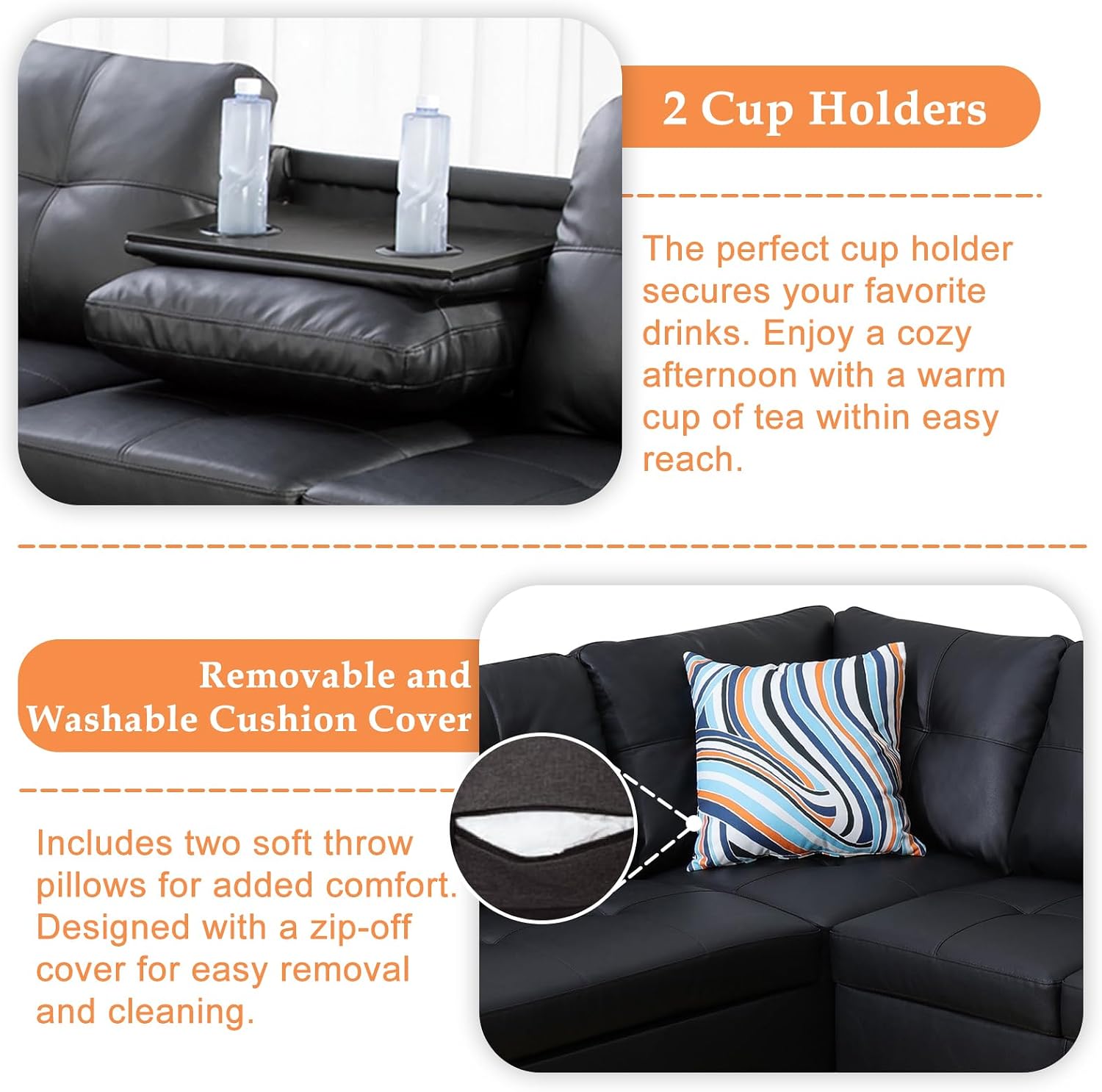 Wakefit Sectional Sofa Couch, Modern 4-Seaters Living Room Furniture Sets with Chaise Lounge, Ottoman & 2 Pillows | L Shape Couch | Cup Holder | Faux PU Leather, Black