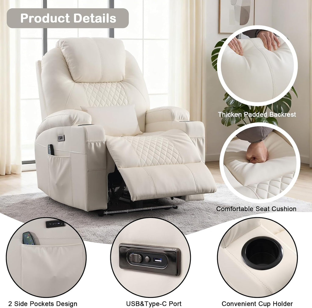 Power Recliner Chair with Heat and Massage for Adults - Home Theater Seating with LED Lights,Cup Holders,Side Pocket,USB Port - Recliner Sofa for Living Room (Beige, Set of 2)