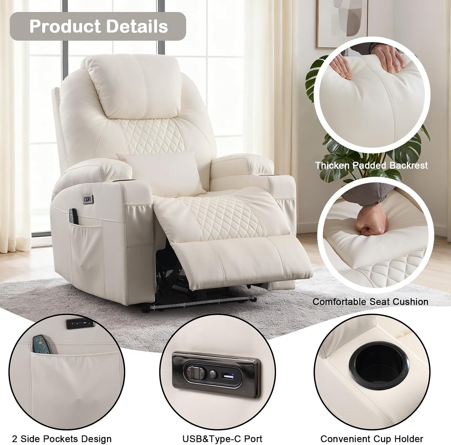 Power Recliner Chair with Heat and Massage for Adults - Home Theater Seating with LED Lights,Cup Holders,Side Pocket,USB Port - Recliner Sofa for Living Room (Beige, Set of 2)