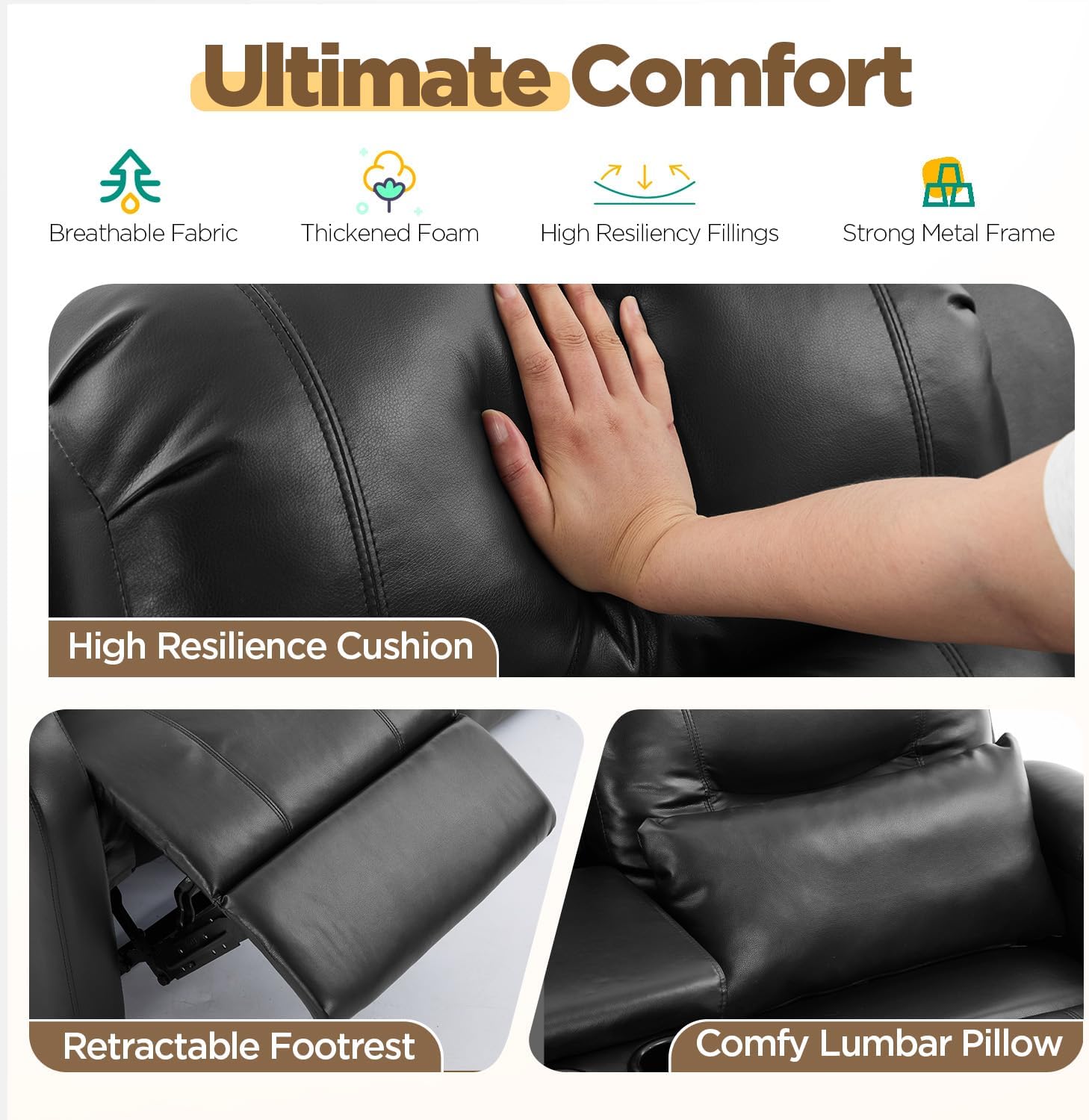 RV Loveseat Recliner with Console, Reclining Loveseat Sofa, Manual Home Theater Seating with Pockets/Cup Holders for Living Room/RV Furniture (Black PU)