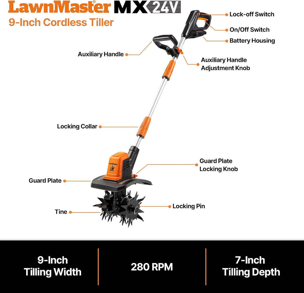 LawnMaster 24V MAX 9' Cordless Tiller – CLTE2409