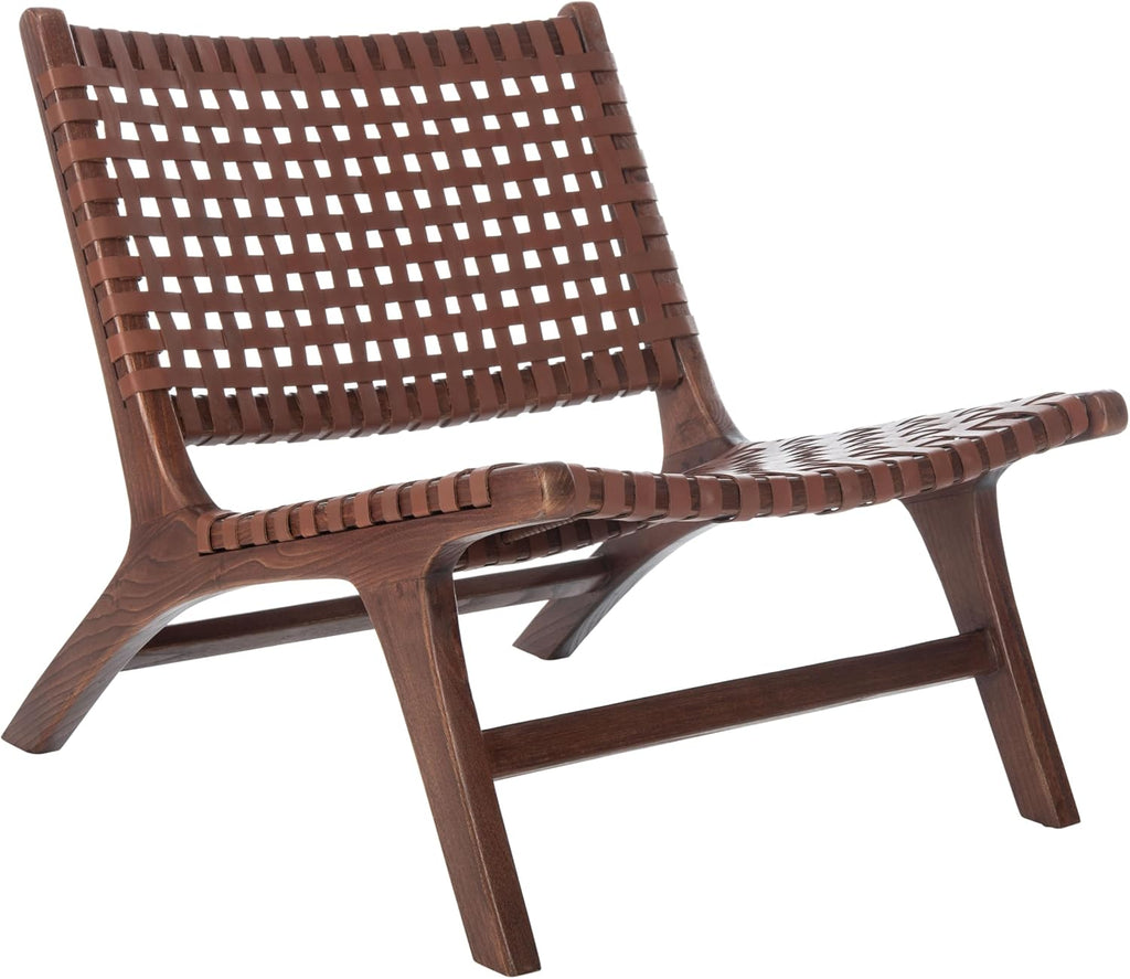 SAFAVIEH Home Collection – Luna Brown & Cognac Leather Woven Accent Chair, Solid Wood Frame, Contemporary Lounge Chair, Fully Assembled (ACH1002B)