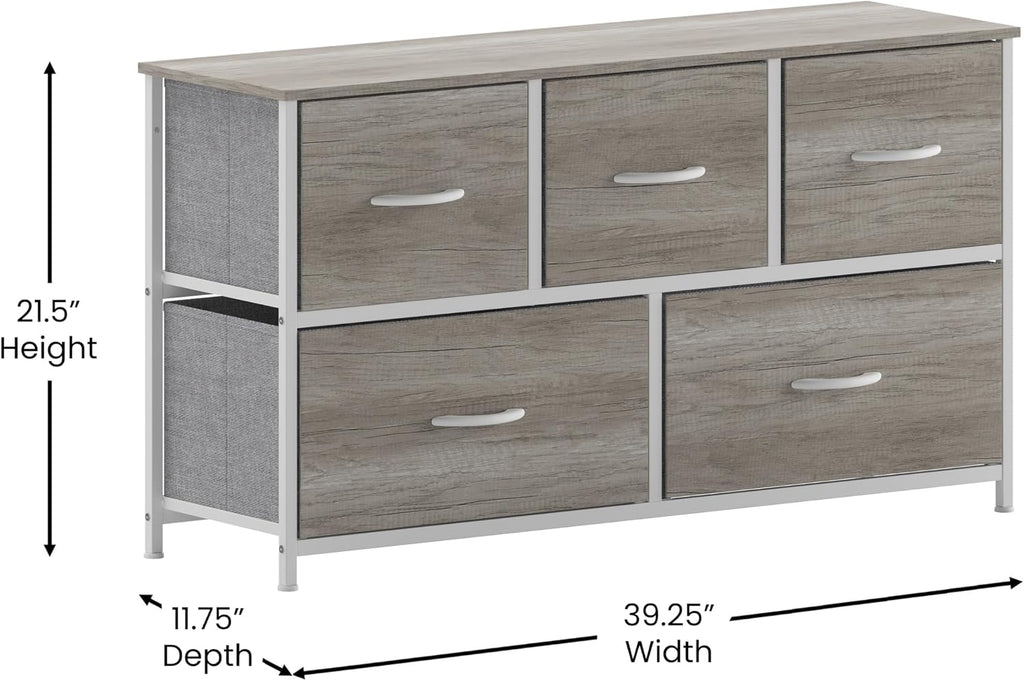 Flash Furniture Harris 5 Drawer Storage Dresser, Cast Iron Frame, Engineered Wood Top and Easy Pull Non-Woven Fabric Drawers with Wooden Handles, White/Light Natural