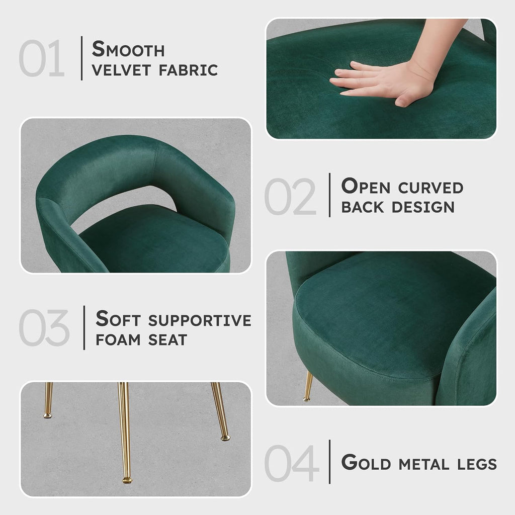 Lexicon Mid-Century Modern Velvet Accent Chair with Open Back, Gold Metal Legs, Upholstered Curved Barrel Armchair for Living Room/Bedroom/Office, Easy Assembly, Dark Green