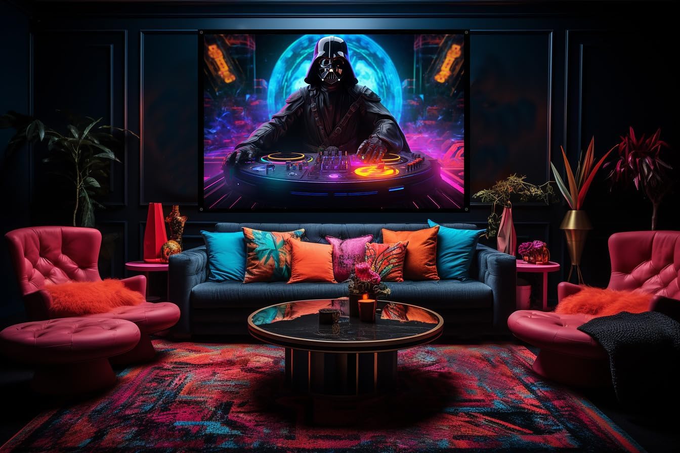 DJ Darth Vador Cyberpunk, UV tapestry, Blacklight Reactive Wall Hanging, Neon Backdrop, Party Decor, Psychedelic Tapestry, Visionary Wall Art (Large)