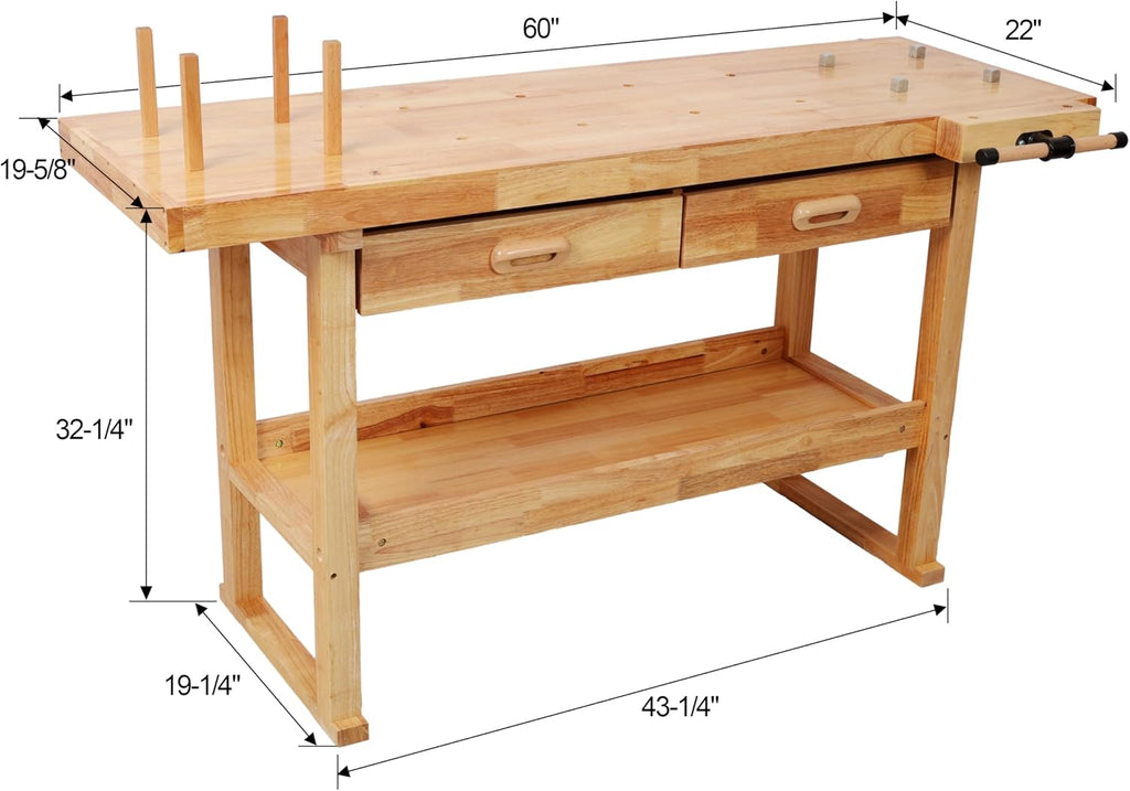 Montary 60' Professional Rubberwood Workbench with 2 Drawers & Open Shelf, Natural Finish Work Bench with Adjustable Handle for Garage, Woodworking Carpenter Workshop & Home Use