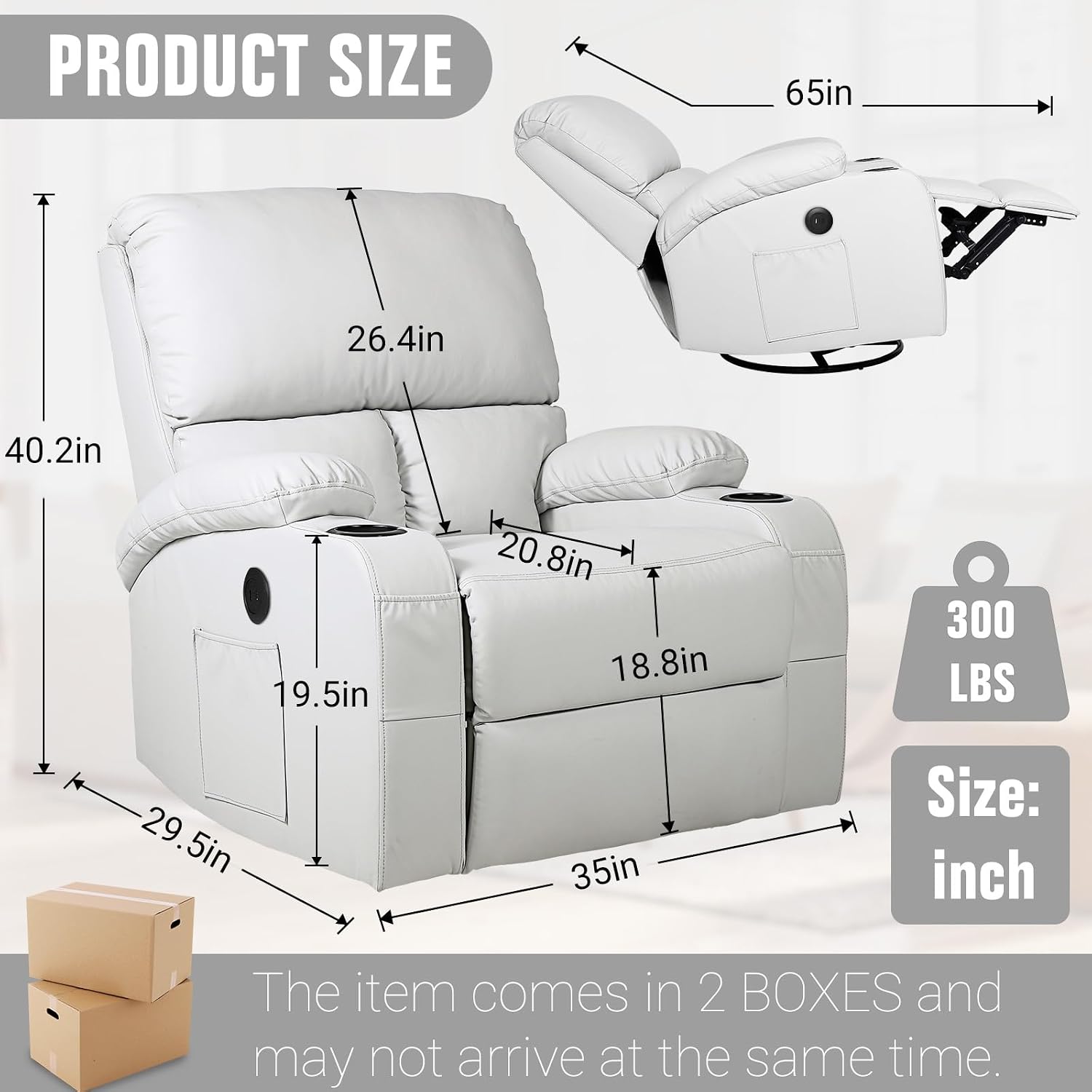 LEVELEVE Rocking Recliner Chair, Massage Rocker Recliner Chair with Vibration Massage and Heat, USB and Type-C Ports,360° Swivel Faux Leather Chairs, Living Room, Bedroom, Nursery, RV, Light Grey