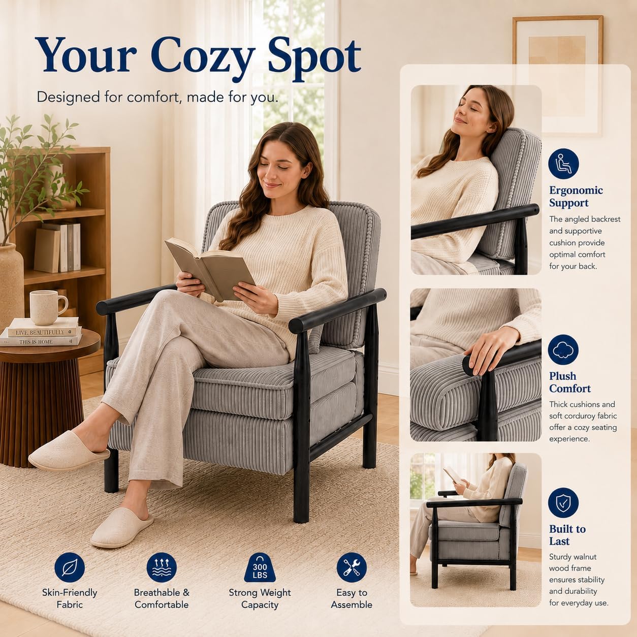 Accent Chair with Hidden Storage, Mid-Century Upholstered Armchair with Solid Wood Frame, Corduroy Fabric Accent Chair for Living Room, Bedroom, and Reading Corner(Grey)