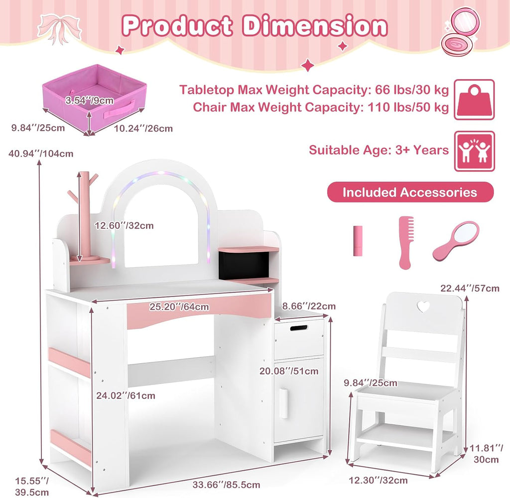INFANS Kids Vanity with Lights, Princess Makeup Desk with Mirror, Jewelry Hanger, Fabric Drawers, Toddler Table and Chair Set Pretend Play for Girls