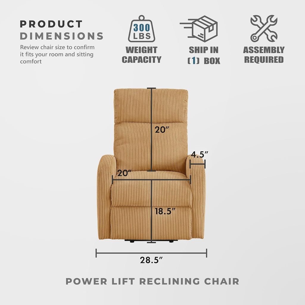 Lexicon Power Lift Recliner Chair for Elderly with Remote Control, Gentle Lift Motion, Side Pocket Armrest, Corduroy Upholstered Electric Recliner for Living Room/Bedroom, Easy Assembly, Yellow