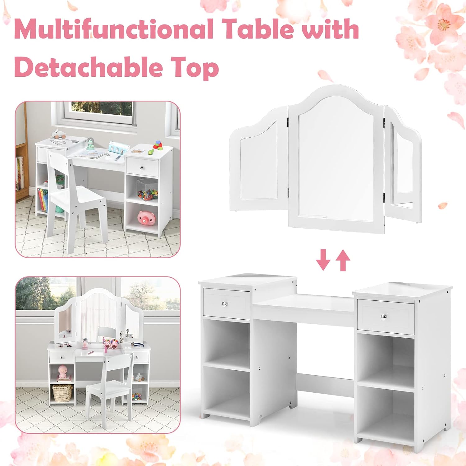 AKUSTIK Kids Vanity, 2 in 1 Wooden Princess Makeup Table and Chair for Toddlers with Tri-Folding Detachable Mirror, Storage Drawers for Little Girls, Pretend Beauty Dressing Desk Play Set Toy Gift