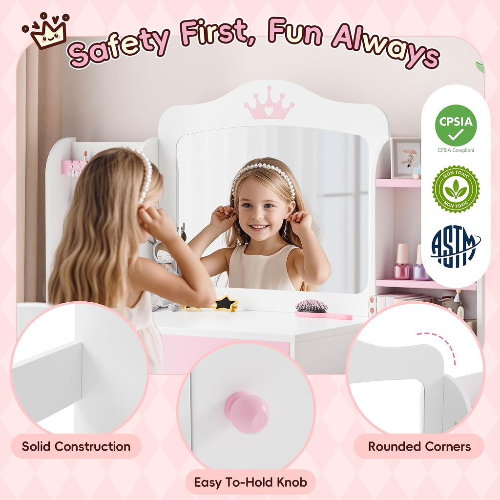 Kids Vanity, Girl Vanity Set with Storage Cabinet & Open Shelf, 2 in 1 Kids Vanity Table and Chair Set with Jewelry Storage, Princess Toddler Makeup Vanity with Mirror for Little Girls (White)