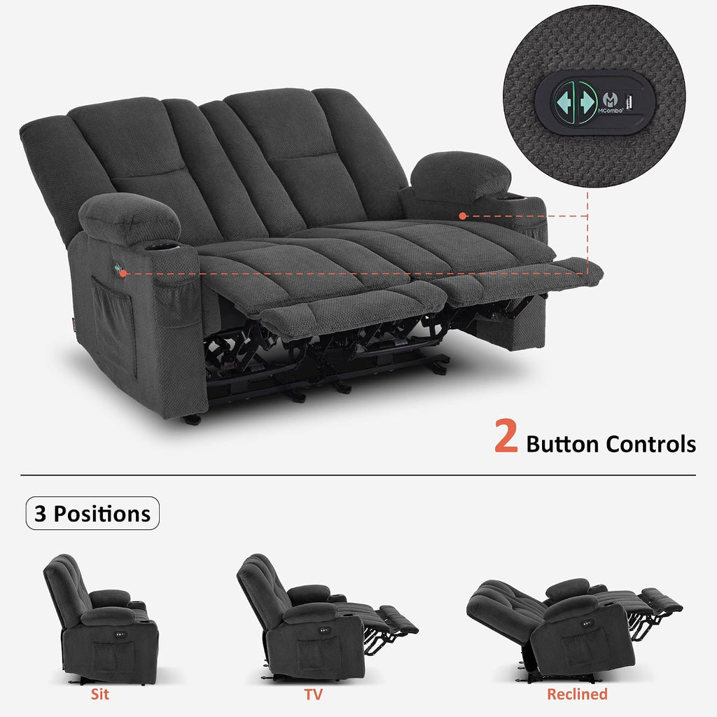 MCombo Zero Gravity Loveseat Power Reclining Sofa with Console, Heat and Vibration Massage, Recliner Couch for Living Room, Fabric 6035SET (Grey, Loveseat)
