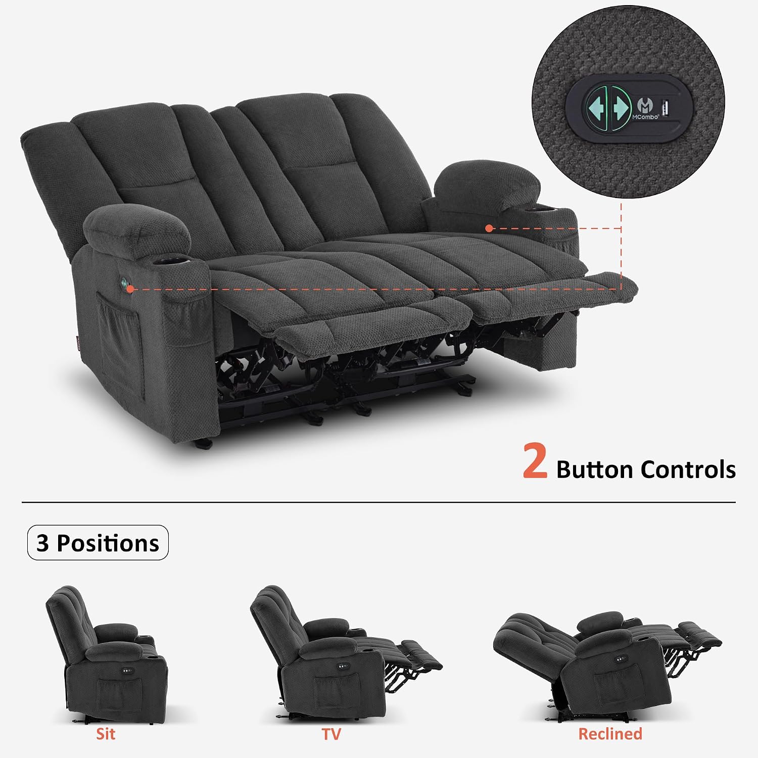 MCombo Zero Gravity Loveseat Power Reclining Sofa with Console, Heat and Vibration Massage, Recliner Couch for Living Room, Fabric 6035SET (Grey, Loveseat)