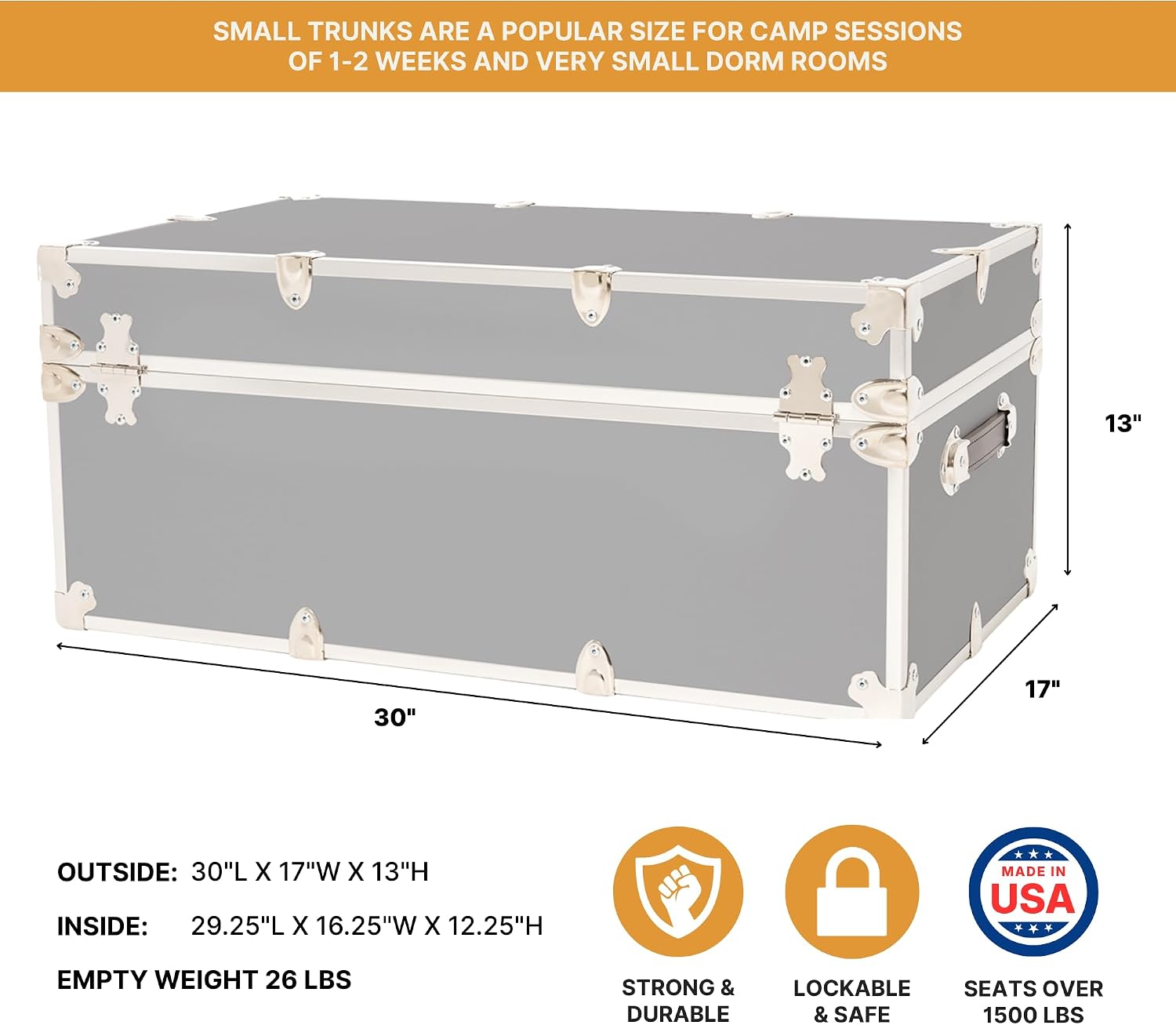 Rhino Trunk & Case Classic Camp & College Trunk with Wheels. 30'x17'x13', 1500+ lbs Capacity - Many Colors, Soft-Close Lid. Strong, USA Made Summer Camp Footlocker and Secure Dorm Storage Chest