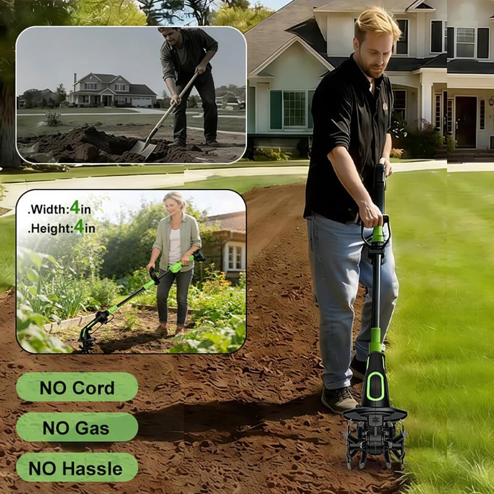 24V 2-in-1 Cordless Tiller Cultivator & Electric Handheld Tiller, 4' Depth x 4' Width, 51' Extension Rod, 235 RPM Lightweight Electric Garden Tiller with 2x1500mAh Batteries & Charger