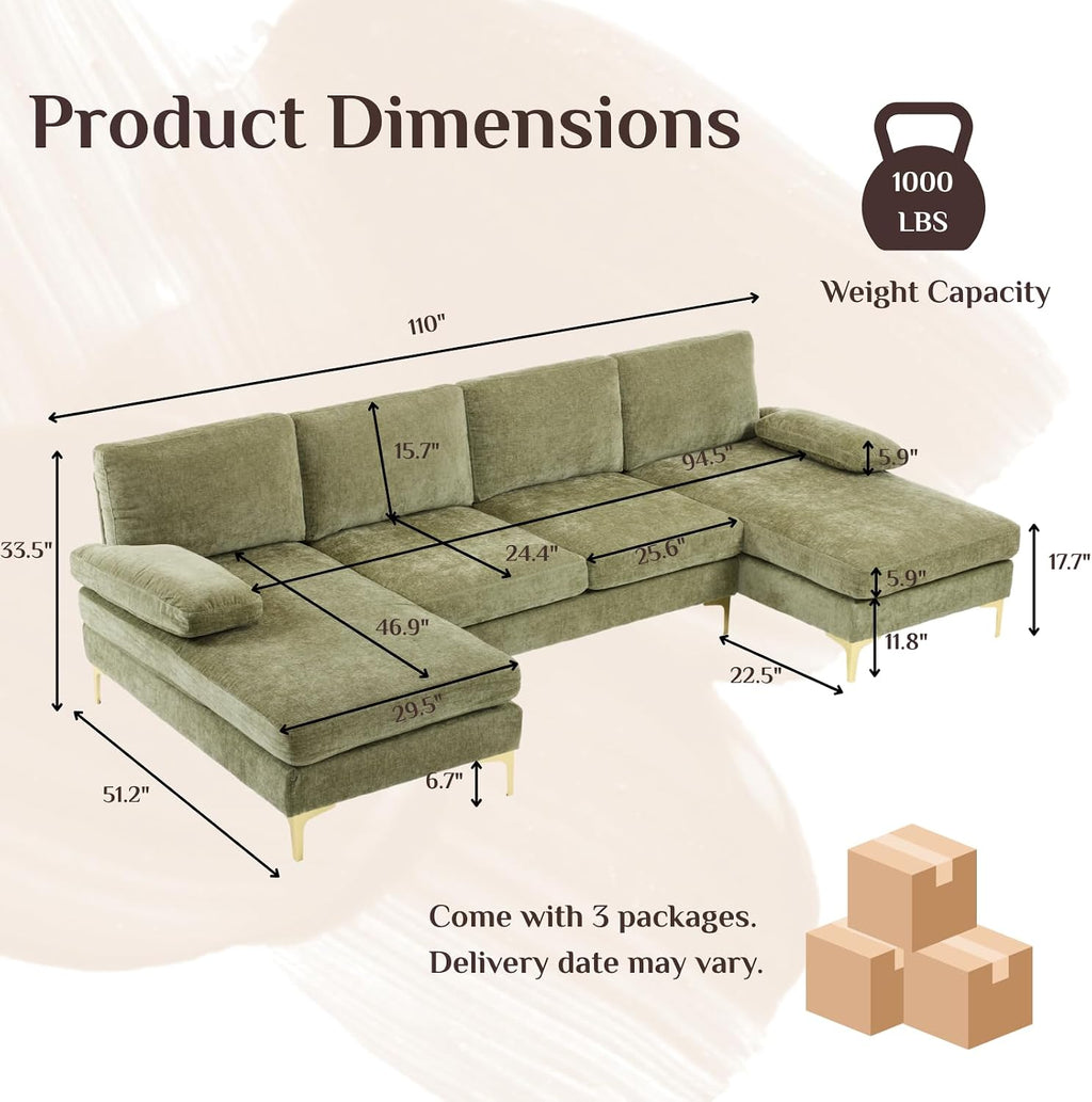 Karl home Convertible Sectional Sofa 110' U-Shape Sofa Couch 4-Seat Couch with Chaise ChenilleFabric Upholstered for Living Room, Apartment, Office, Green