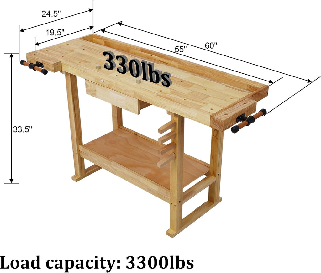 Olela Wood Workbench, Integrated Vise and Bench Dog Holes Garage Workbench with Drawers, 55 inches Heavy Duty Workbench Weight Capacity of 3300lbs (55'-1 Drawer and 1 Shelf)