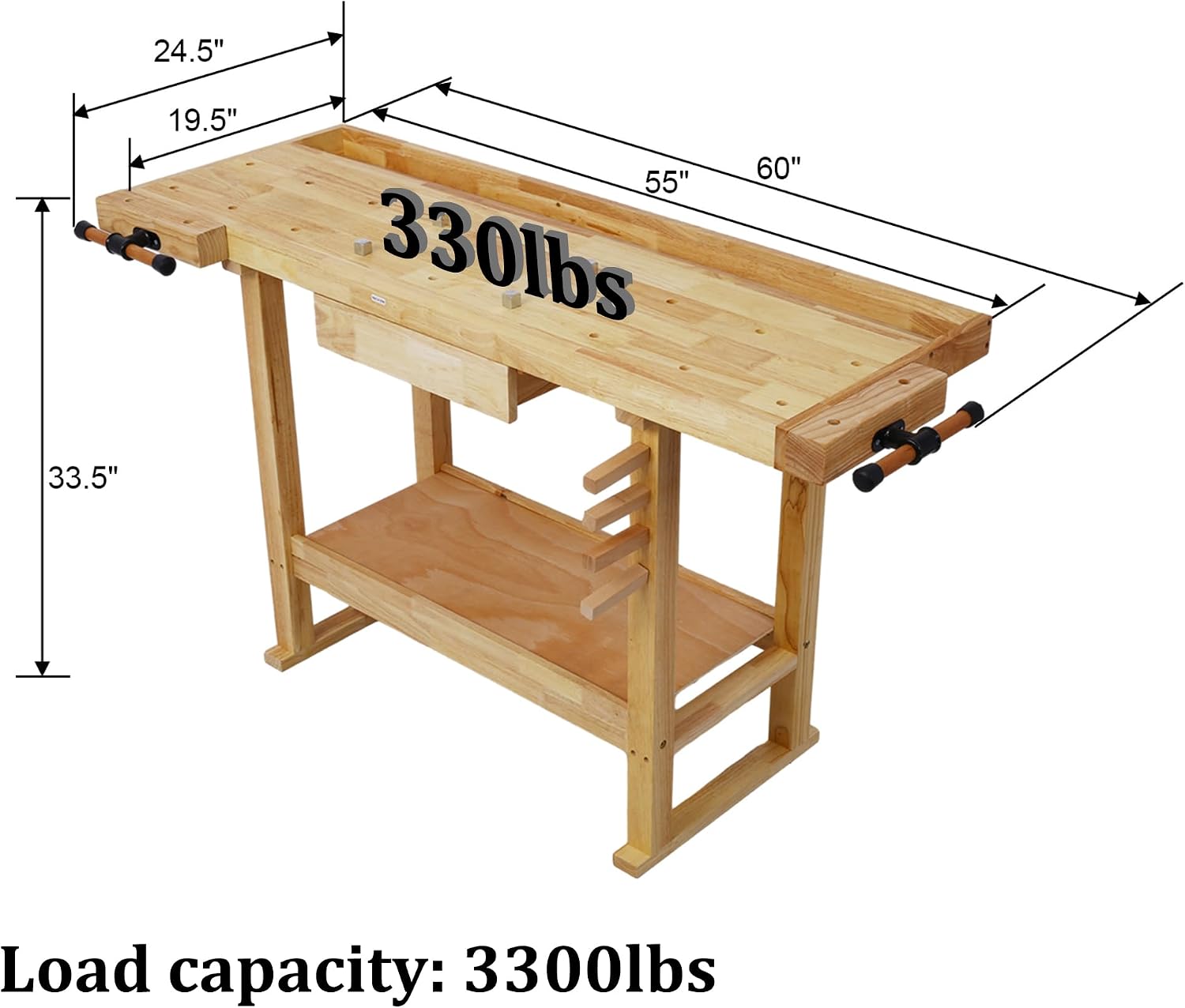 Olela Wood Workbench, Integrated Vise and Bench Dog Holes Garage Workbench with Drawers, 55 inches Heavy Duty Workbench Weight Capacity of 3300lbs (55'-1 Drawer and 1 Shelf)